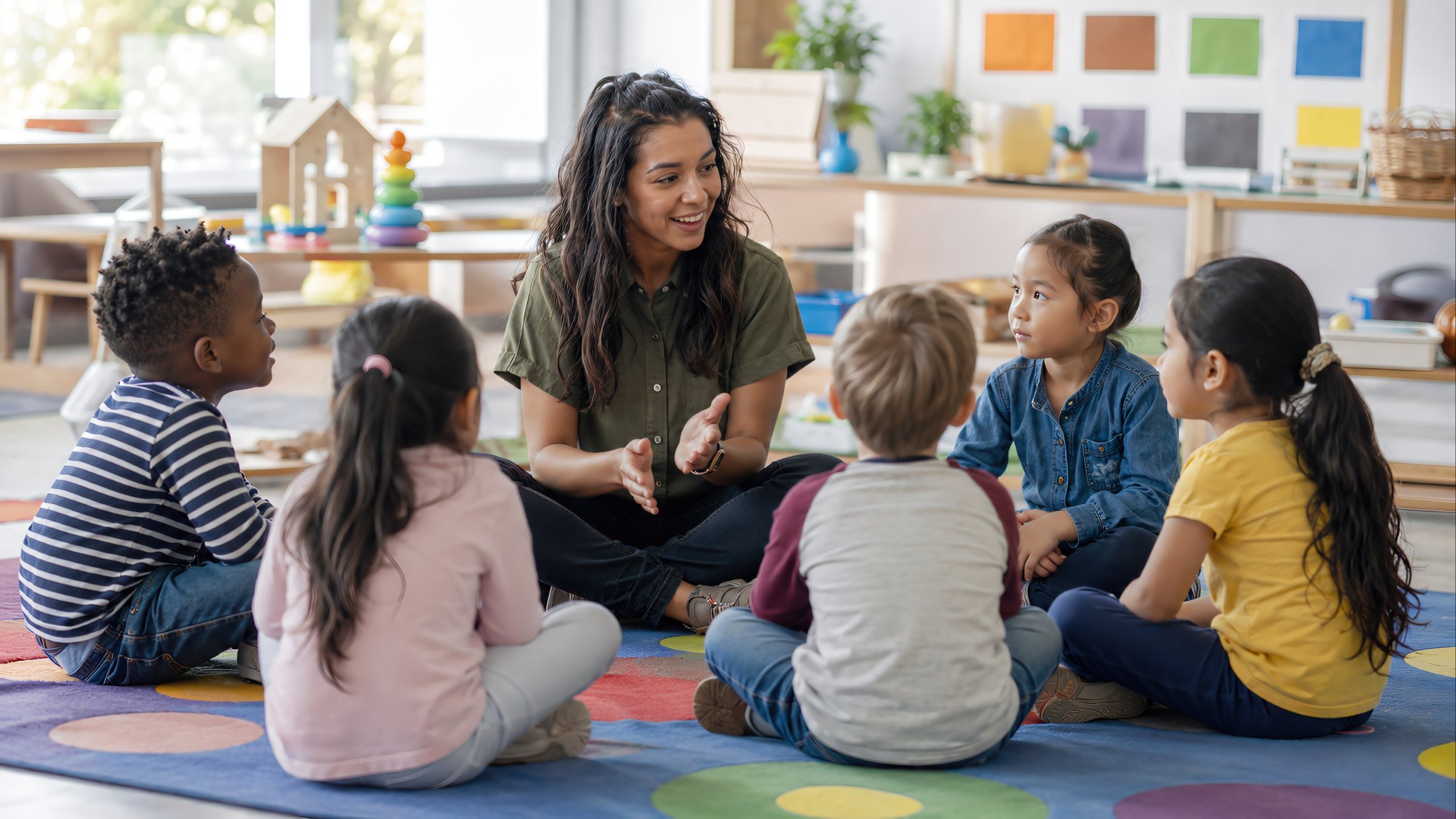 Educator leading circle time with a diverse group of preschoolers