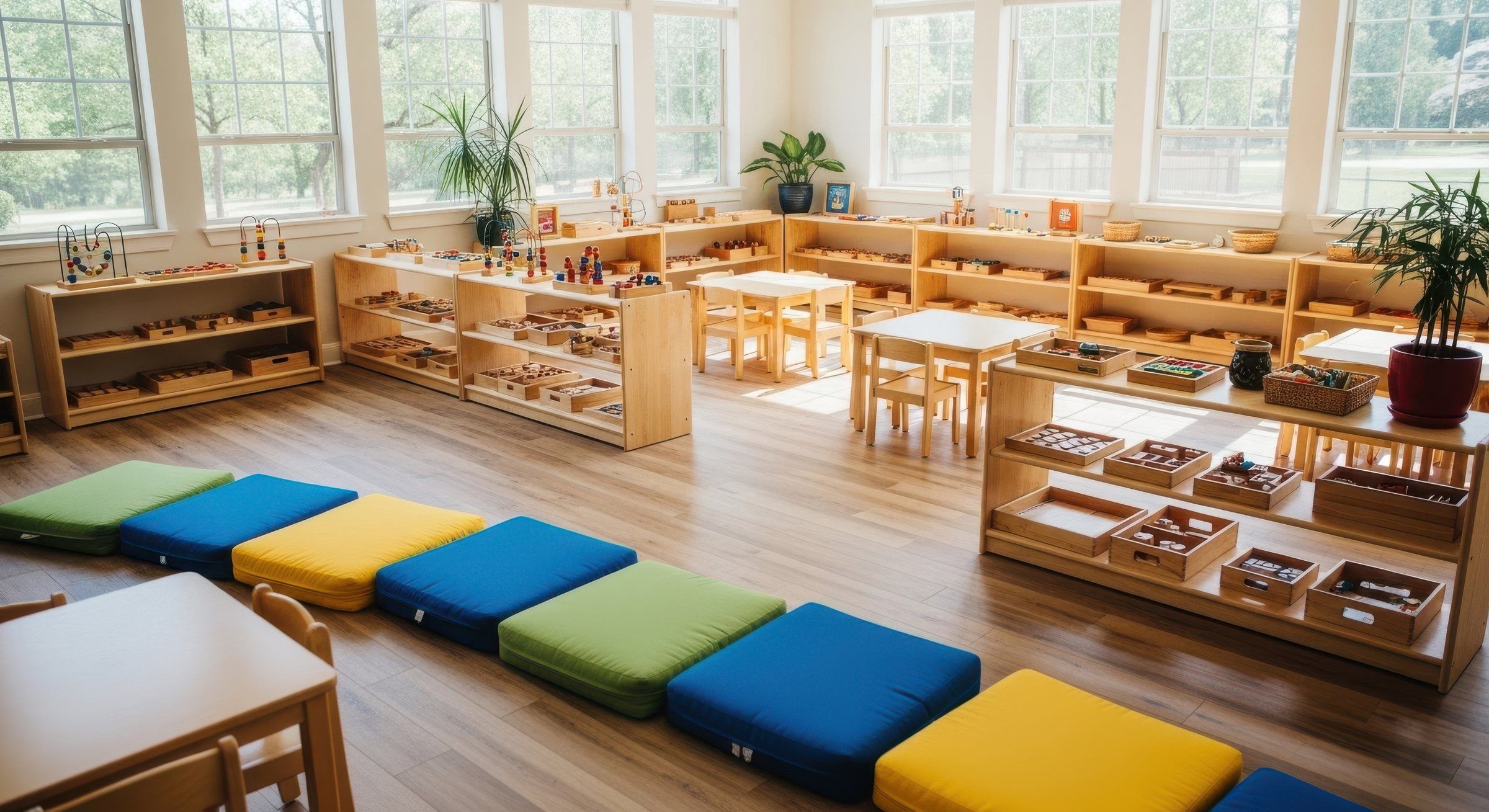 Sunny classroom with colourful floor cushions and Montessori shelves