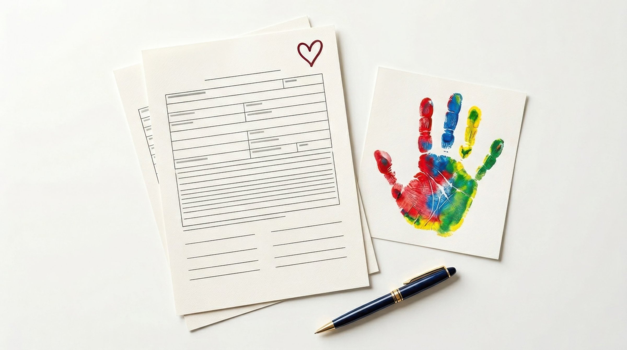 Enrolment forms beside a child's colourful handprint