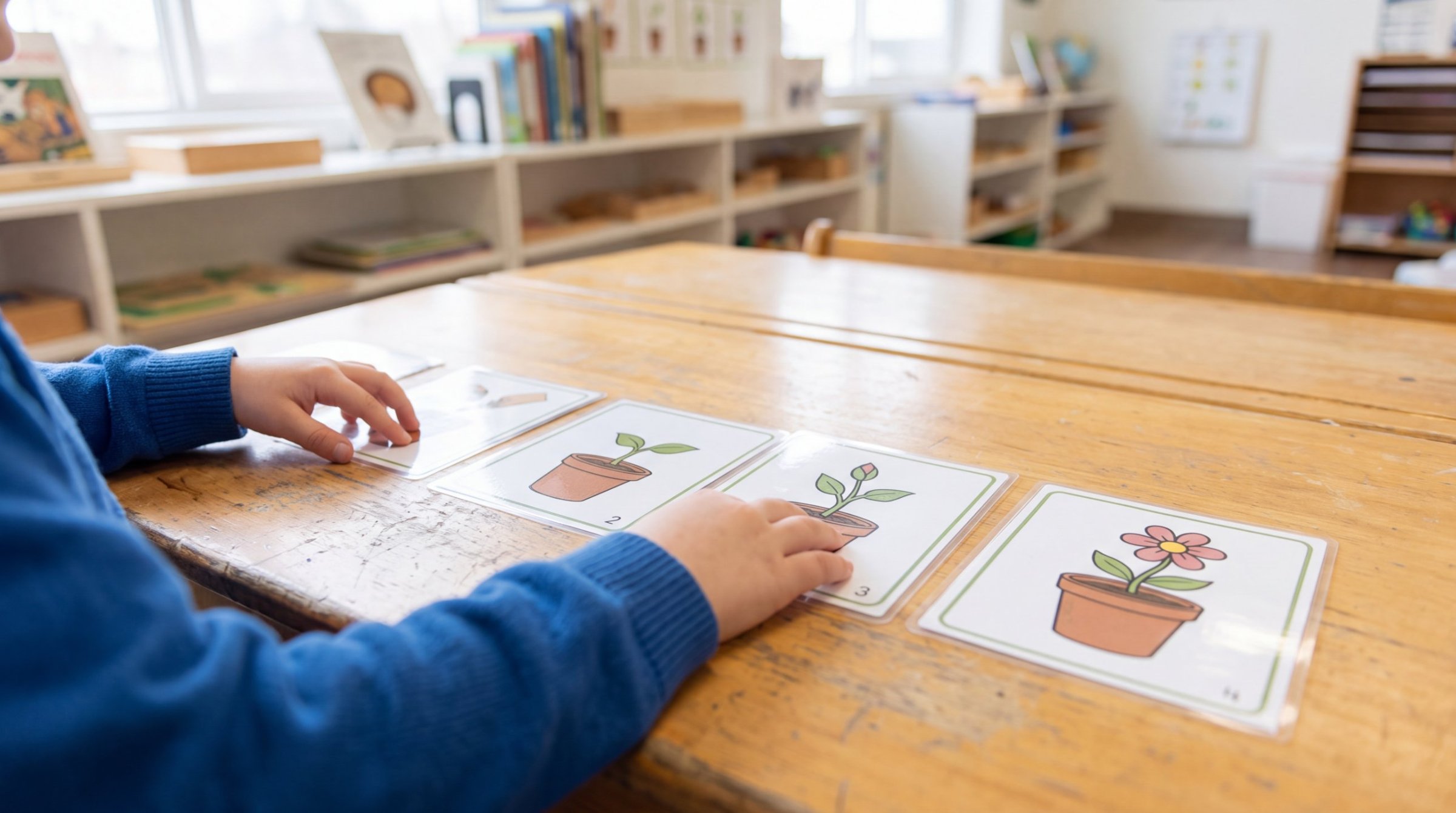 Child ordering plant-growth sequencing cards in a Montessori classroom