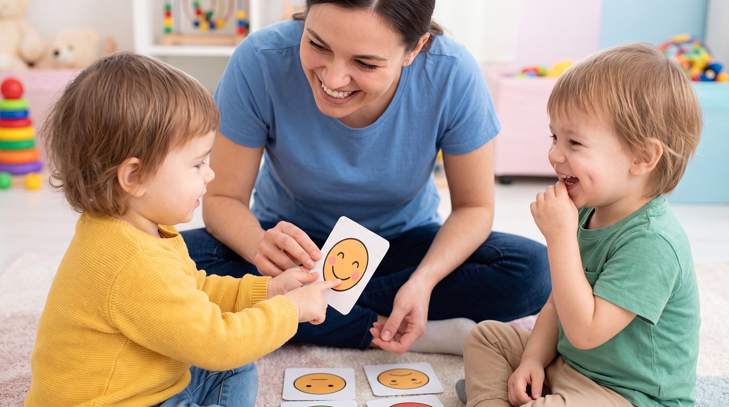 Educator exploring feelings cards with two toddlers