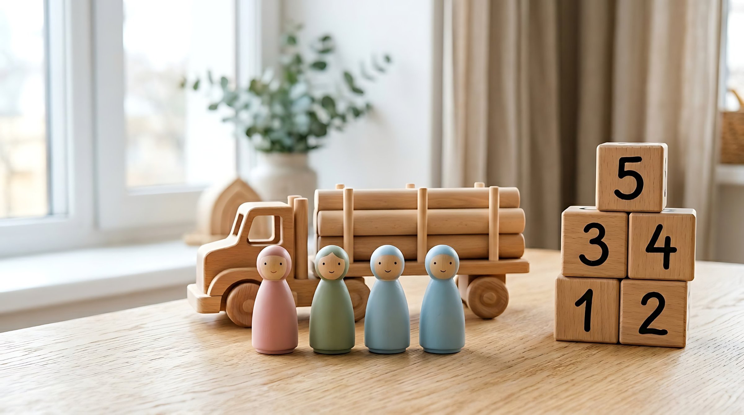 Wooden truck, peg dolls and number blocks on a classroom table